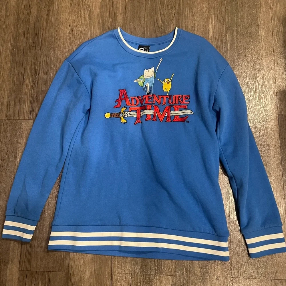 Adventure Time Blue Crewneck Sweatshirt with Graphic Logo - Picture 1 of 3